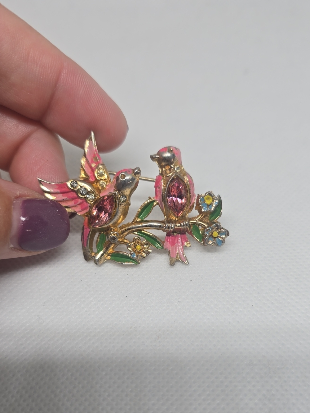 Vintage Coro Pink Bird Enamel Brooch